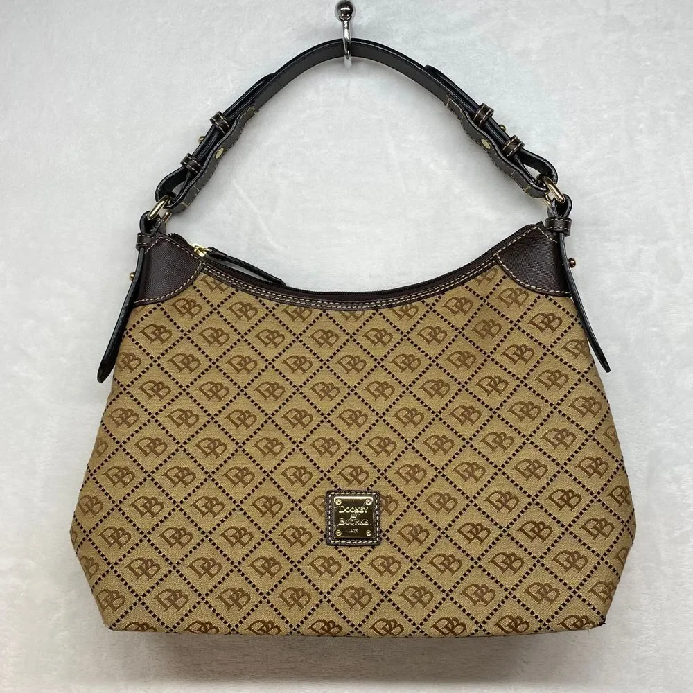 Dooney & Bourke Signature Canvas Hobo Bag Brown‎ Leather Trim Handbag